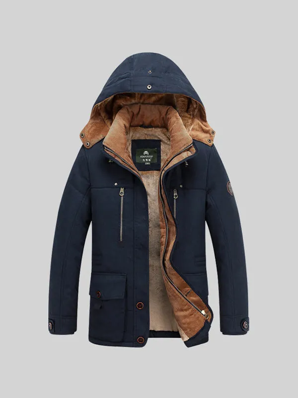 Men's Multi-Pocket Plush Thickened Hooded Cotton Jacket Coat