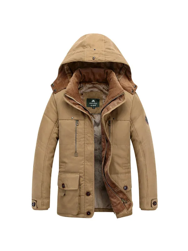 Men's Multi-Pocket Plush Thickened Hooded Cotton Jacket Coat
