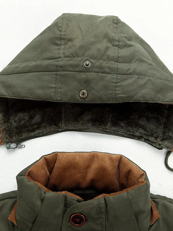 Men's Multi-Pocket Plush Thickened Hooded Cotton Jacket Coat