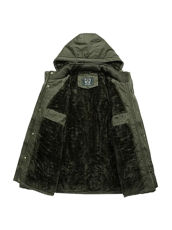 Men's Multi-Pocket Plush Thickened Hooded Cotton Jacket Coat