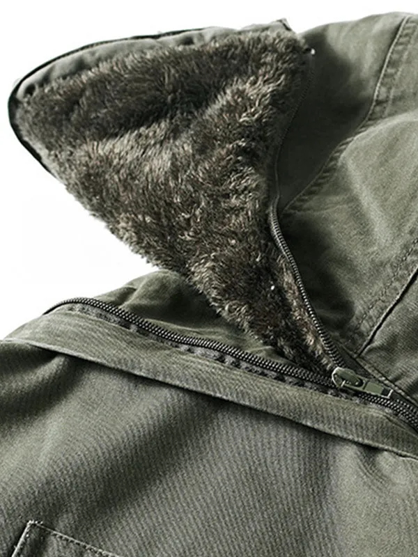 Men's Multi-Pocket Plush Thickened Hooded Cotton Jacket Coat