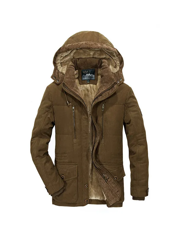 Men's Multi-Pocket Plush Thickened Hooded Cotton Jacket Coat