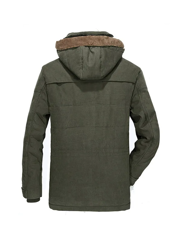 Men's Multi-Pocket Plush Thickened Hooded Cotton Jacket Coat