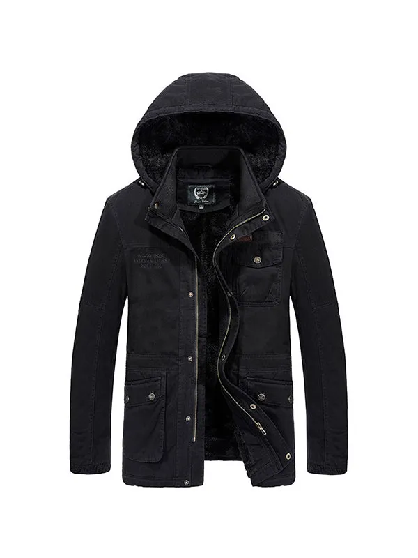 Men's Multi-Pocket Plush Thickened Hooded Cotton Jacket Coat