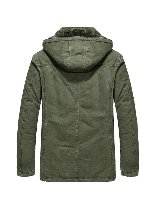 Men's Multi-Pocket Plush Thickened Hooded Cotton Jacket Coat