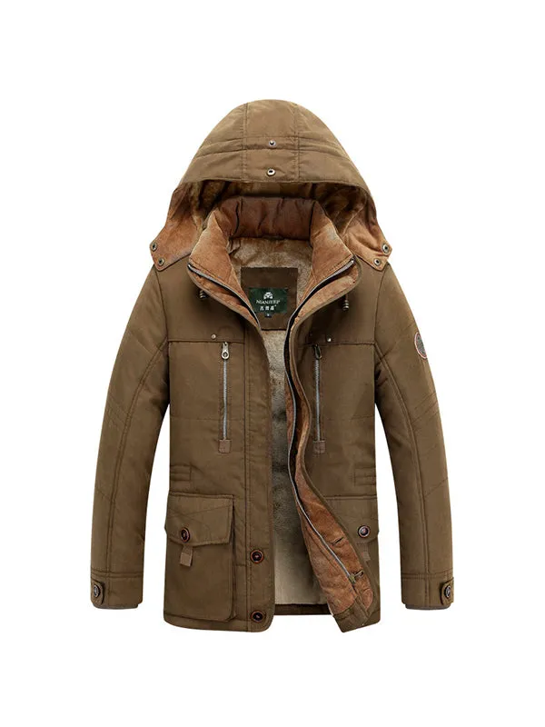 Men's Multi-Pocket Plush Thickened Hooded Cotton Jacket Coat