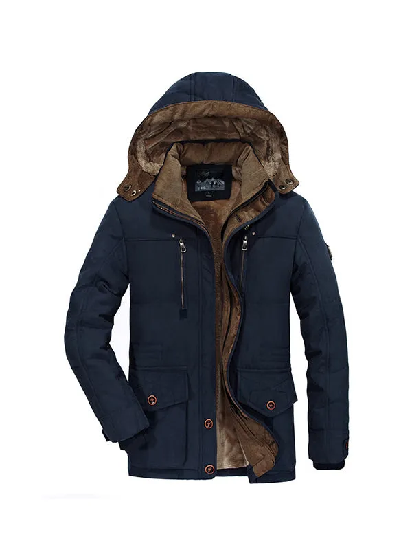 Men's Multi-Pocket Plush Thickened Hooded Cotton Jacket Coat