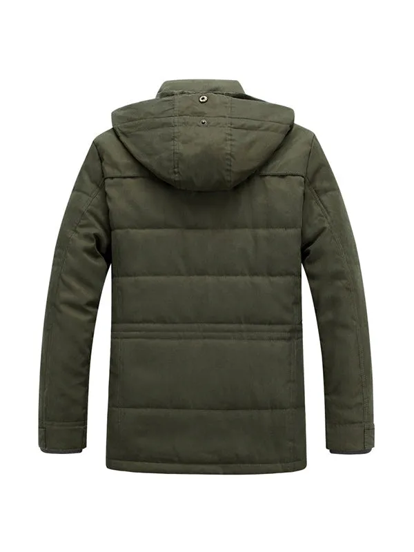 Men's Multi-Pocket Plush Thickened Hooded Cotton Jacket Coat