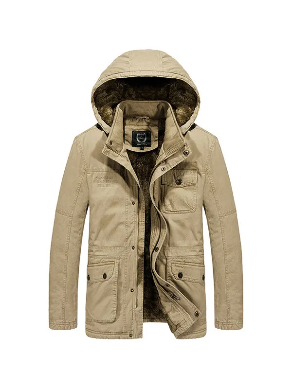 Men's Multi-Pocket Plush Thickened Hooded Cotton Jacket Coat