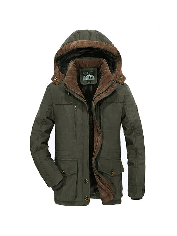 Men's Multi-Pocket Plush Thickened Hooded Cotton Jacket Coat