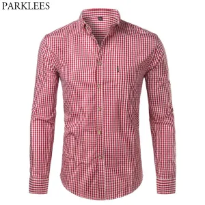 Mens Plaid Cotton Casual Dress Shirts Slim Fit Long Sleeve Button Down