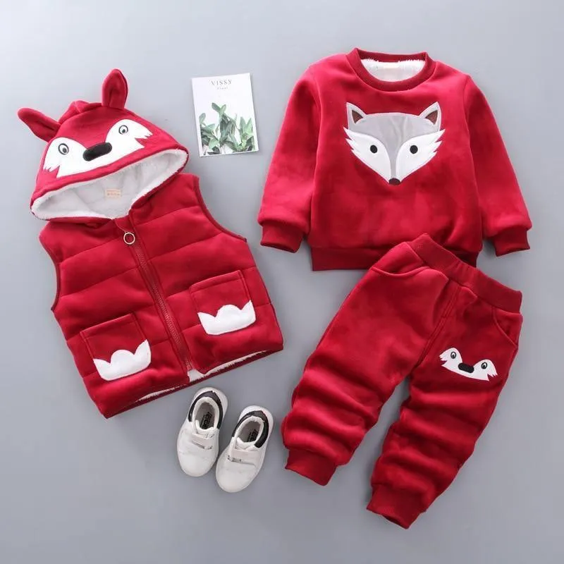 Modern Fashion Cotton Thick Warm Casual Hooded Sweater Cartoon Cute Bear Three-piece Suit For Baby Boy & Girl