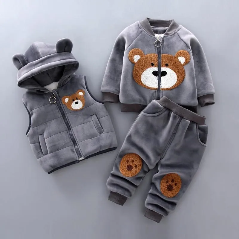 Modern Fashion Cotton Thick Warm Casual Hooded Sweater Cartoon Cute Bear Three-piece Suit For Baby Boy & Girl