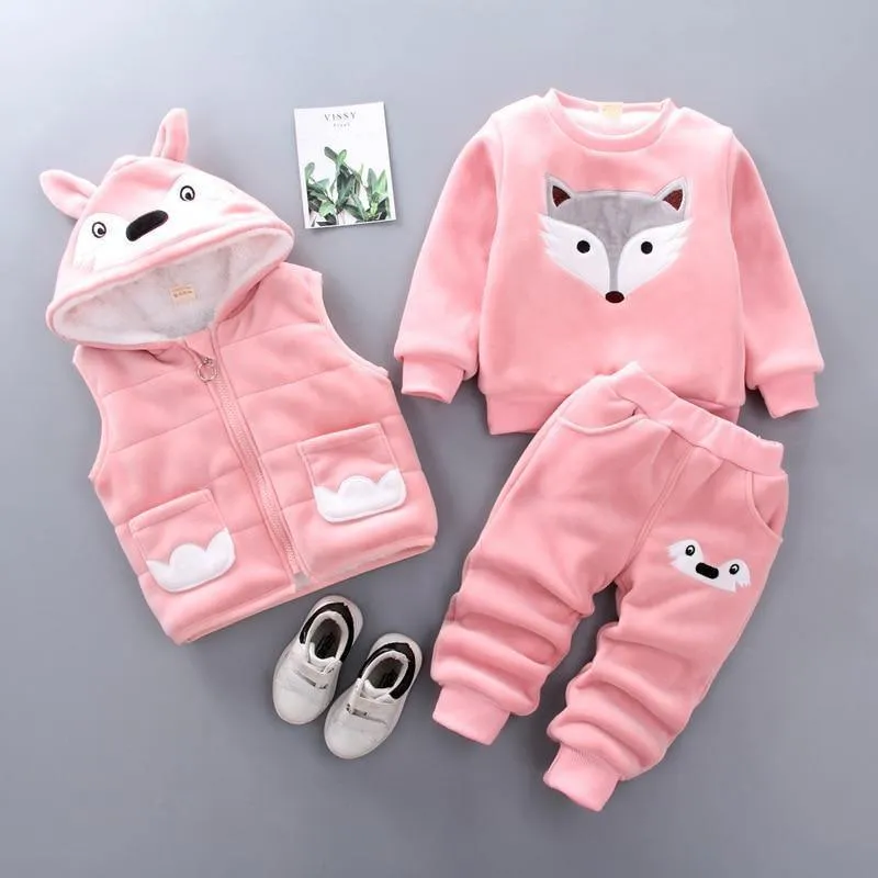 Modern Fashion Cotton Thick Warm Casual Hooded Sweater Cartoon Cute Bear Three-piece Suit For Baby Boy & Girl