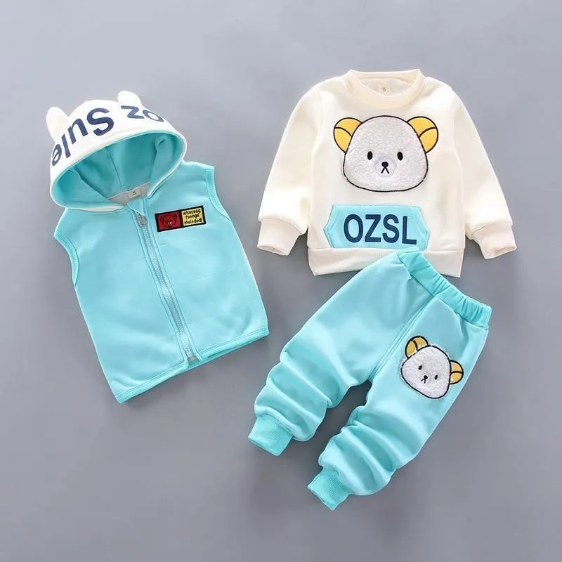 Modern Fashion Cotton Thick Warm Casual Hooded Sweater Cartoon Cute Bear Three-piece Suit For Baby Boy & Girl