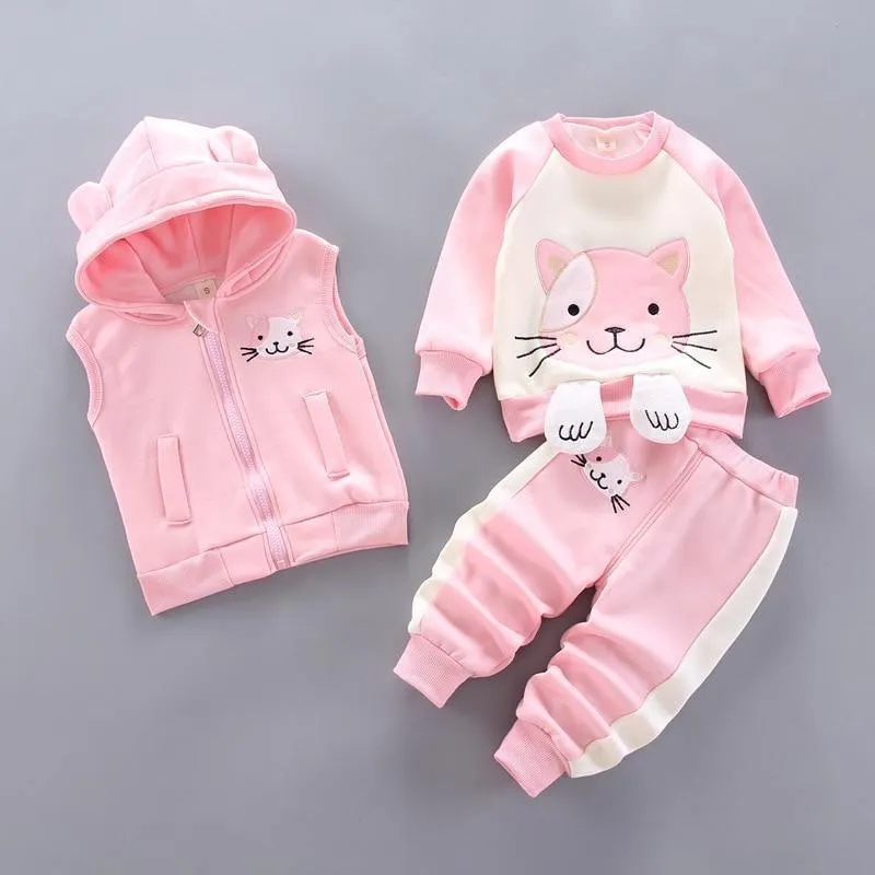 Modern Fashion Cotton Thick Warm Casual Hooded Sweater Cartoon Cute Bear Three-piece Suit For Baby Boy & Girl