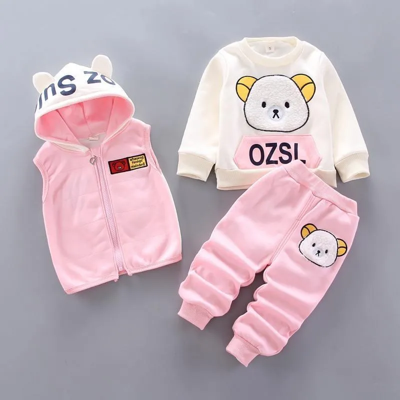 Modern Fashion Cotton Thick Warm Casual Hooded Sweater Cartoon Cute Bear Three-piece Suit For Baby Boy & Girl