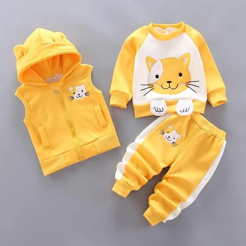 Modern Fashion Cotton Thick Warm Casual Hooded Sweater Cartoon Cute Bear Three-piece Suit For Baby Boy & Girl