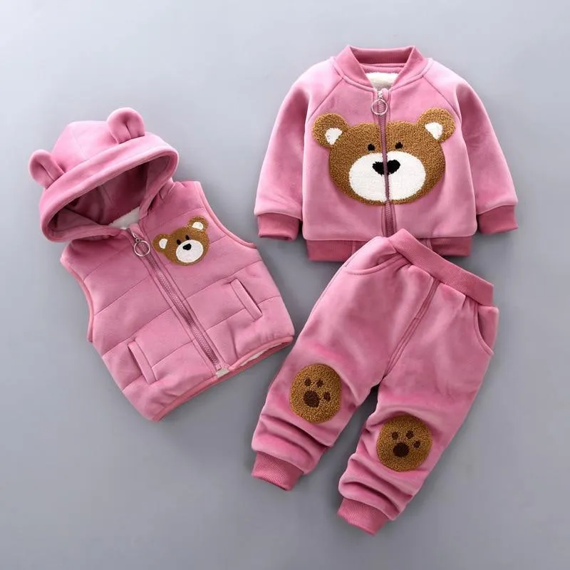 Modern Fashion Cotton Thick Warm Casual Hooded Sweater Cartoon Cute Bear Three-piece Suit For Baby Boy & Girl