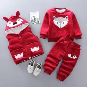 Modern Fashion Cotton Thick Warm Casual Hooded Sweater Cartoon Cute Bear Three-piece Suit For Baby Boy & Girl