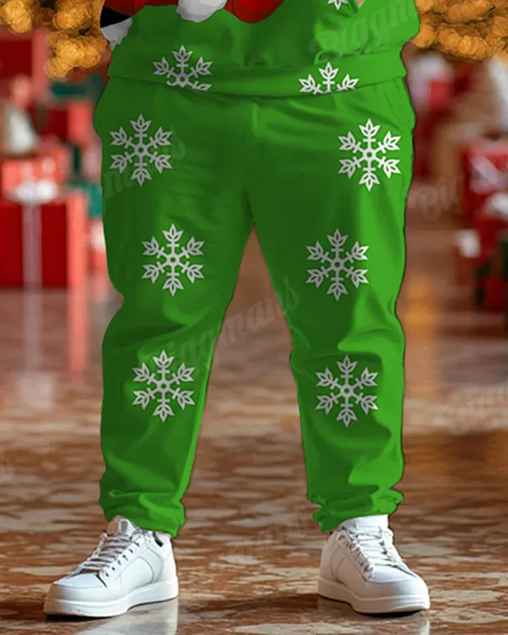 NEW Men's Christmas Green Snowflake Santa Print Plus Size Hoodie Suit, Green, Sz 2XL, Retails $99