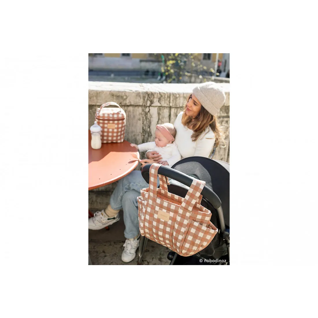 nobodinoz Hyde Park Insulated Baby Bottle and Lunch Bag Terracotta Checks