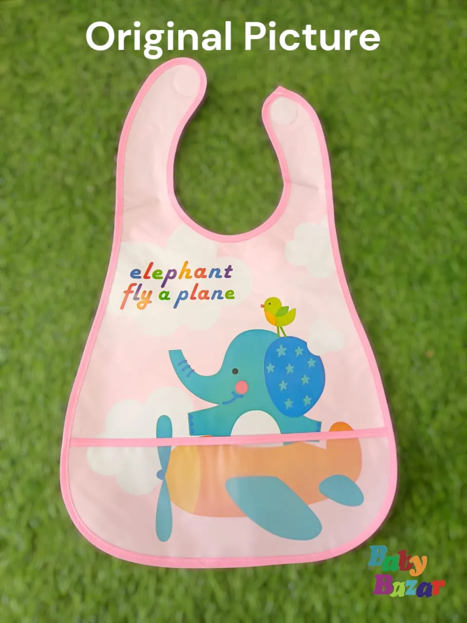 Pink Waterproof Baby Bib with Cute Elephant & Plane Design