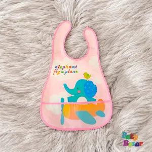 Pink Waterproof Baby Bib with Cute Elephant & Plane Design