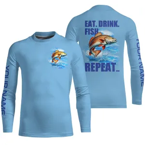 Redfish puppy drum Fishing Custom Long Sleeve Fishing shirts for Kid Eat Drink Fish Repeat | Blue NQS6612
