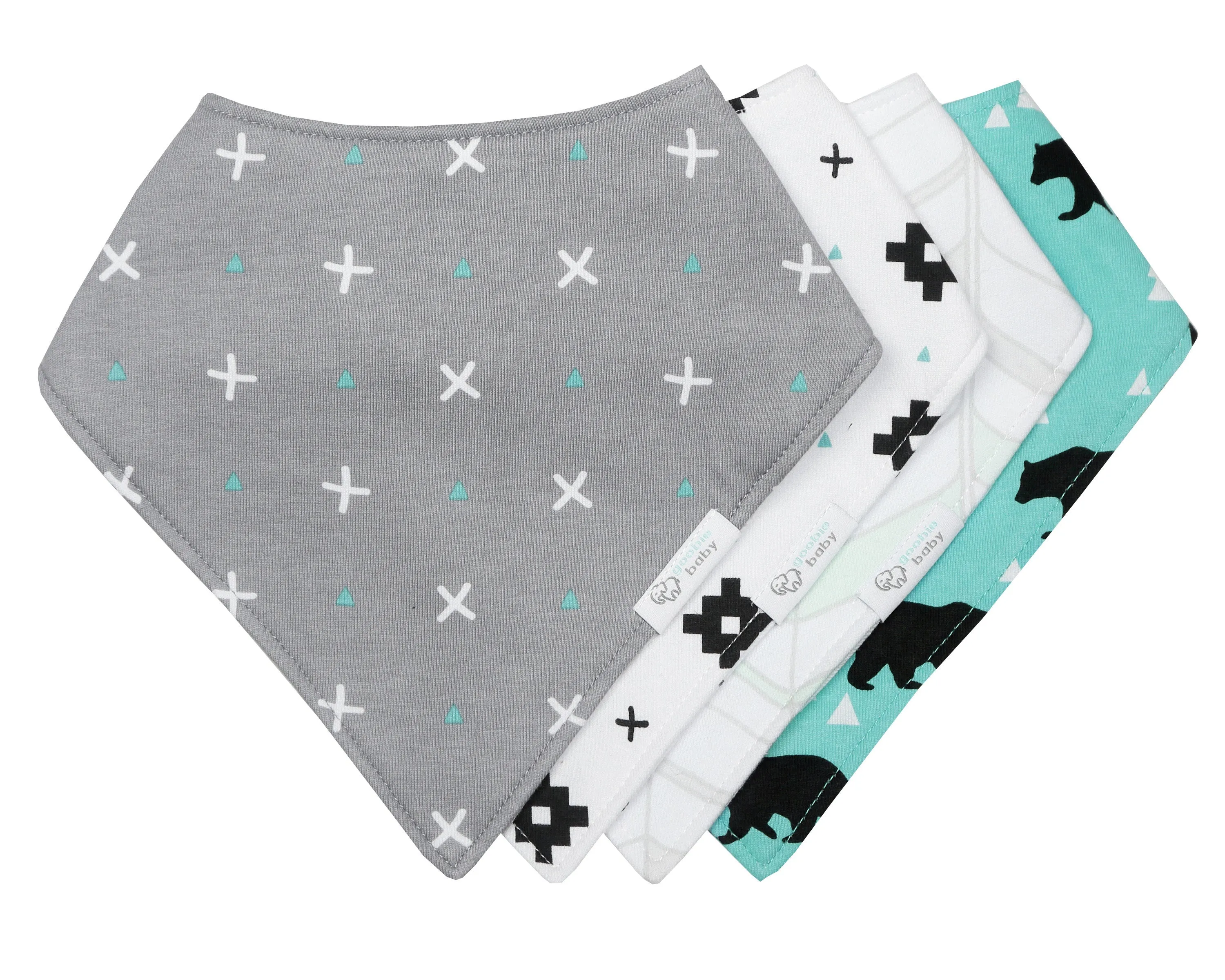 Reversible & Waterproof Cotton Bandana Bibs - Teal/Grey Bears