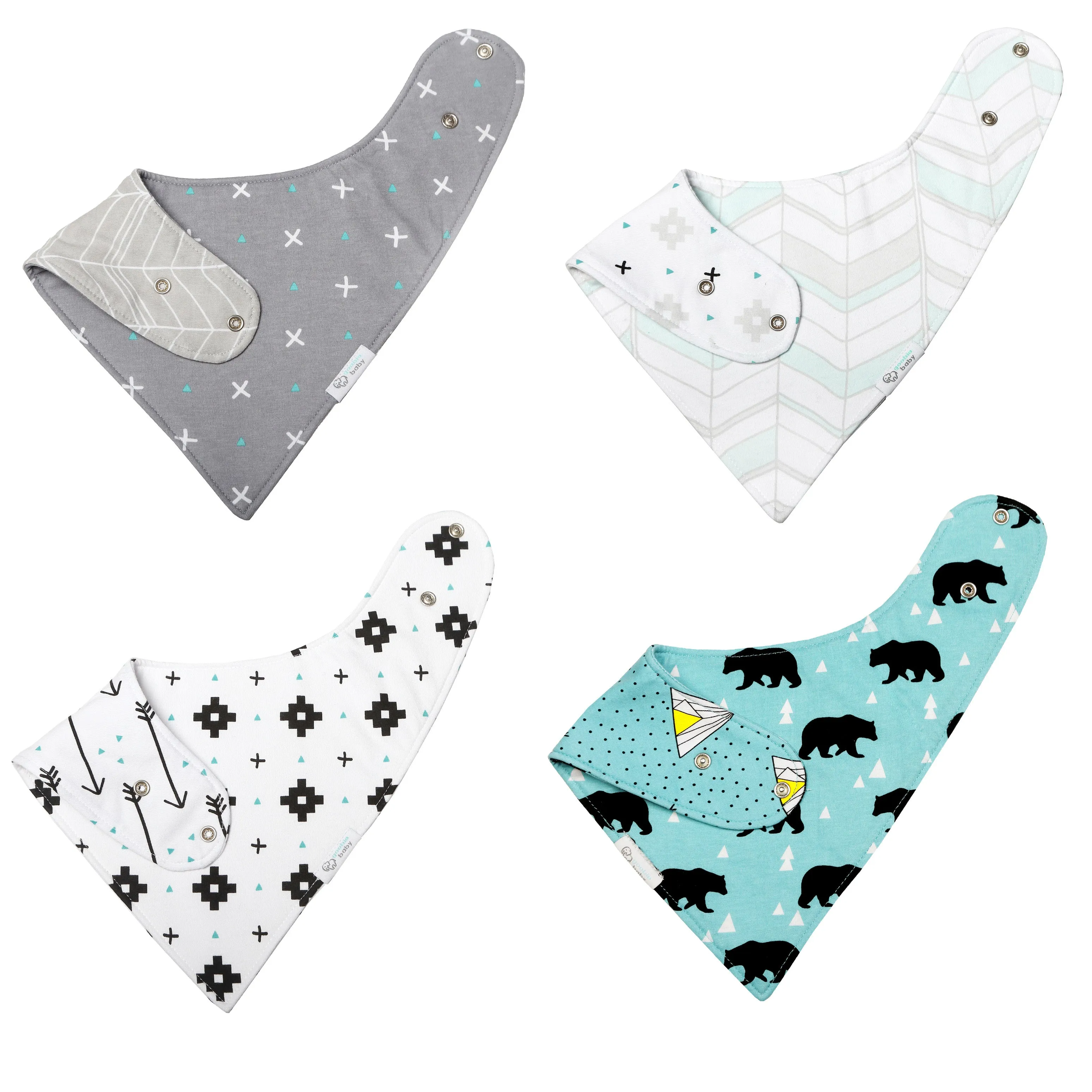 Reversible & Waterproof Cotton Bandana Bibs - Teal/Grey Bears