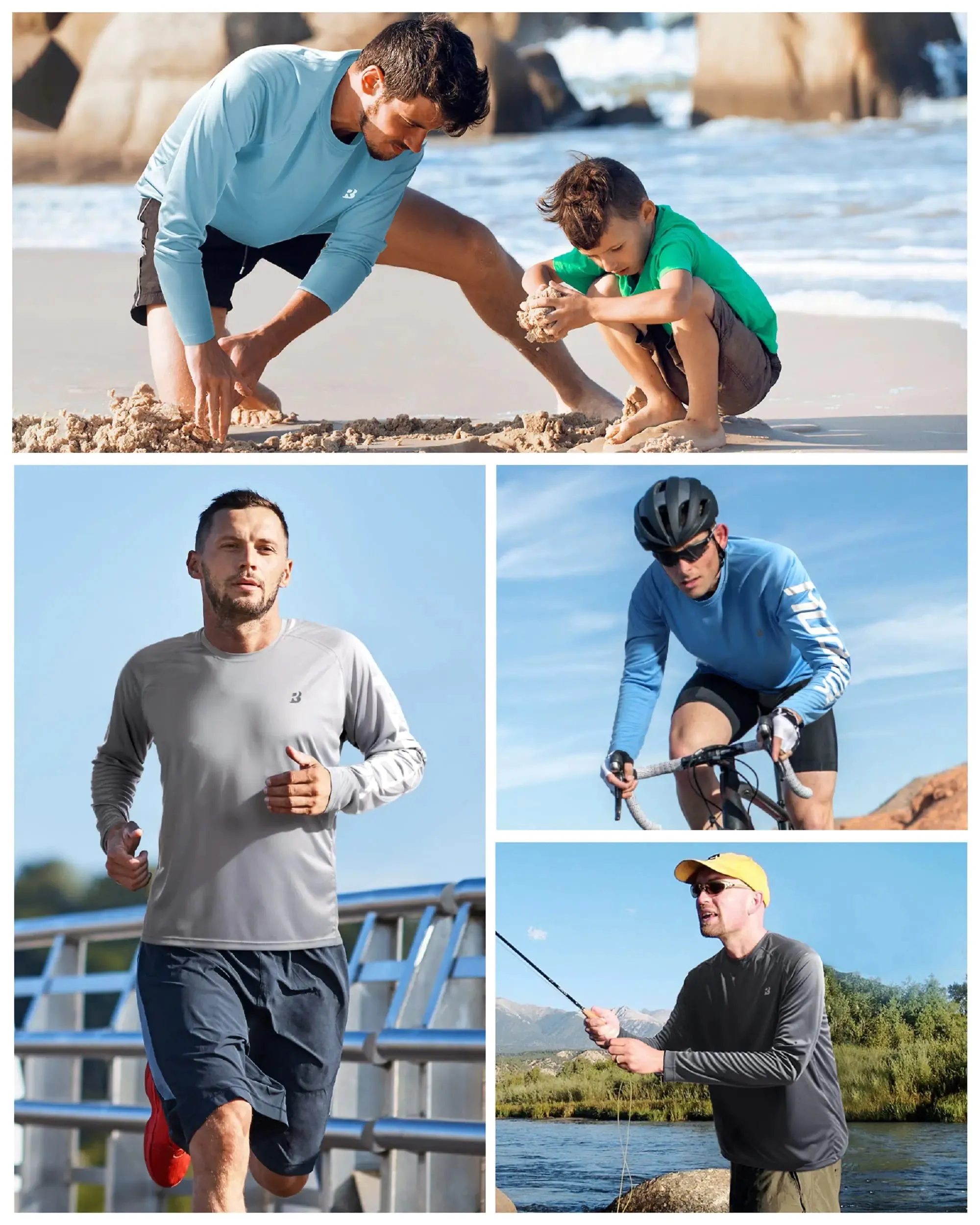 Roadbox Mens UPF 50  UV Sun Protection Shirts Outdoor Long Sleeve SPF Rash Guard for Fishing Hiking Swimming Running 2 Pack - Blue Small