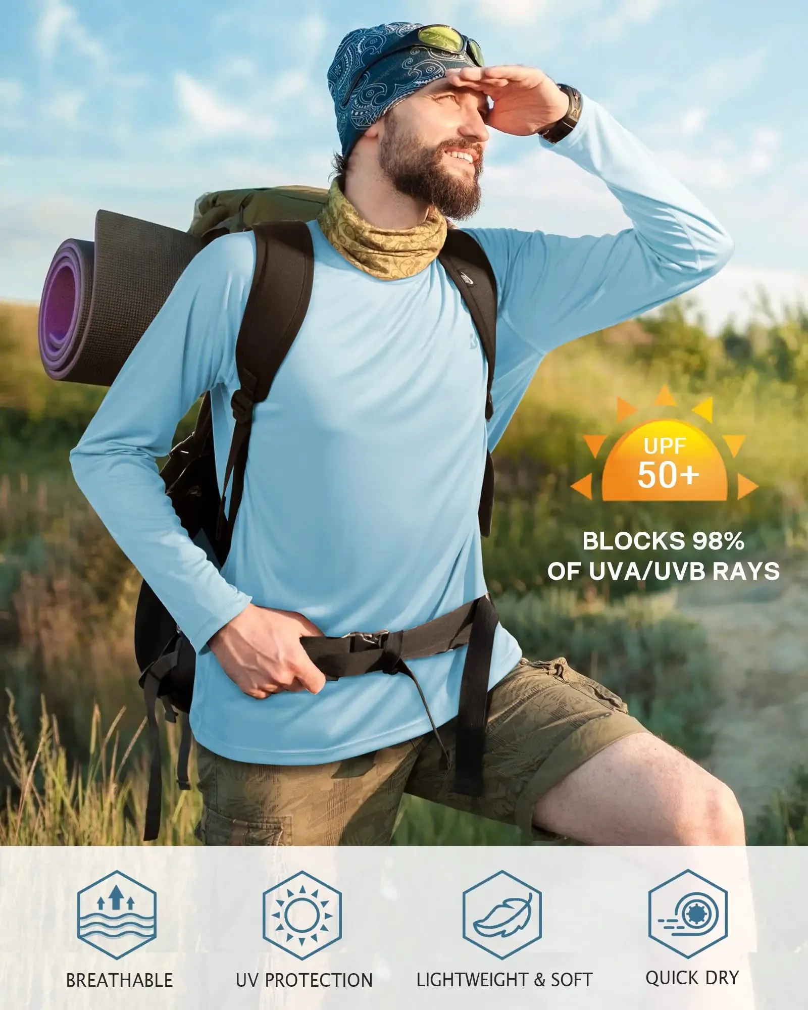 Roadbox Mens UPF 50  UV Sun Protection Shirts Outdoor Long Sleeve SPF Rash Guard for Fishing Hiking Swimming Running 2 Pack - Blue Small