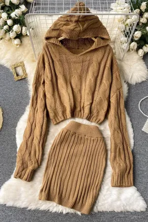 Set Hooded Sweaters Tops   Skinny High Waist Mini Skirts Two PCS Suits