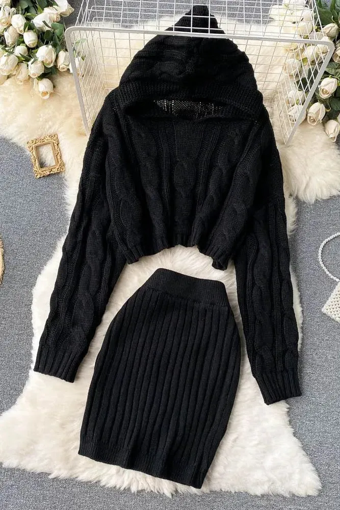 Set Hooded Sweaters Tops   Skinny High Waist Mini Skirts Two PCS Suits