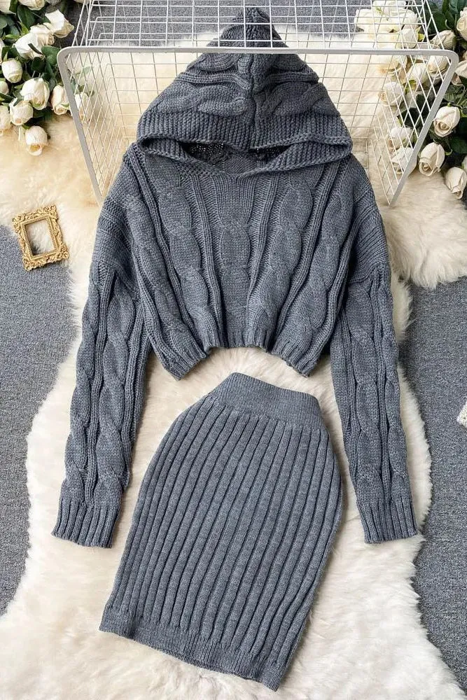 Set Hooded Sweaters Tops   Skinny High Waist Mini Skirts Two PCS Suits