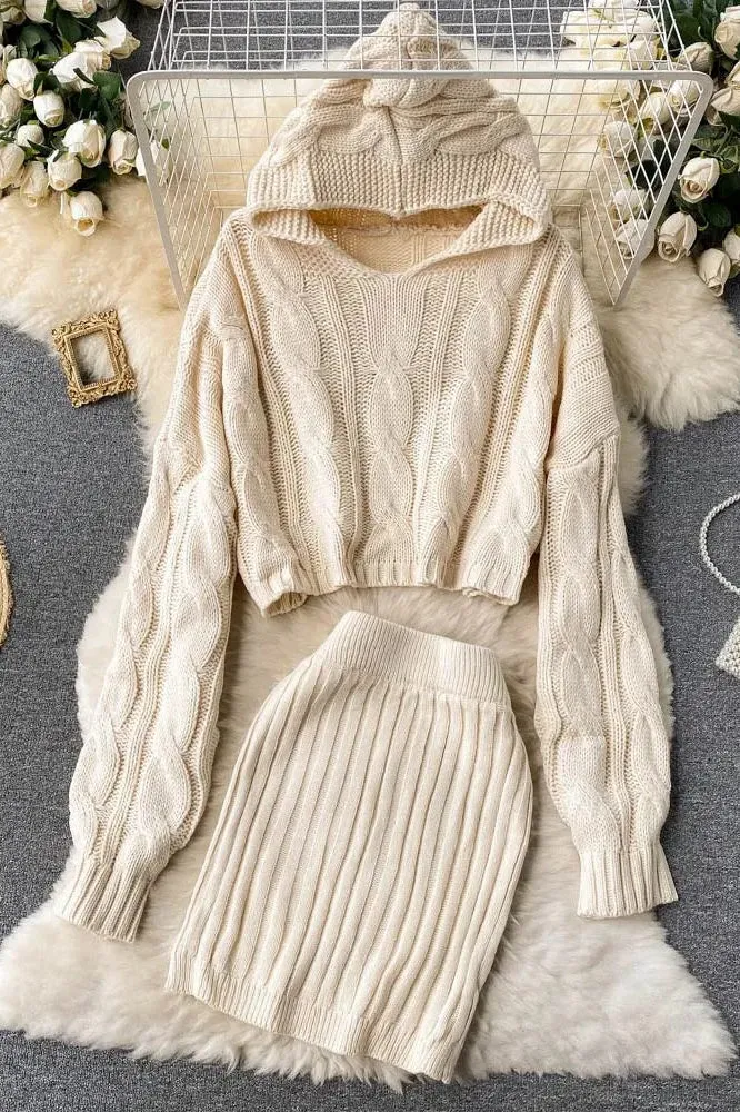Set Hooded Sweaters Tops   Skinny High Waist Mini Skirts Two PCS Suits