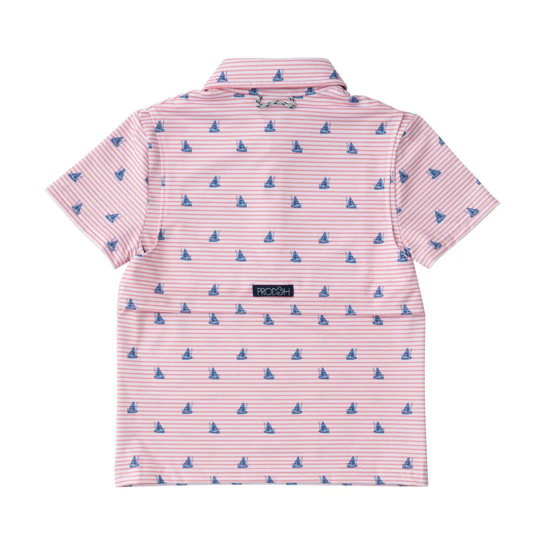Short Sleeve Pro Performance Polo | Fishing Boat Print on Spiced Coral Stripe