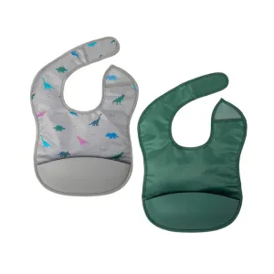 Silicone Pocket Bib 2pk - Dinosaur & Olive