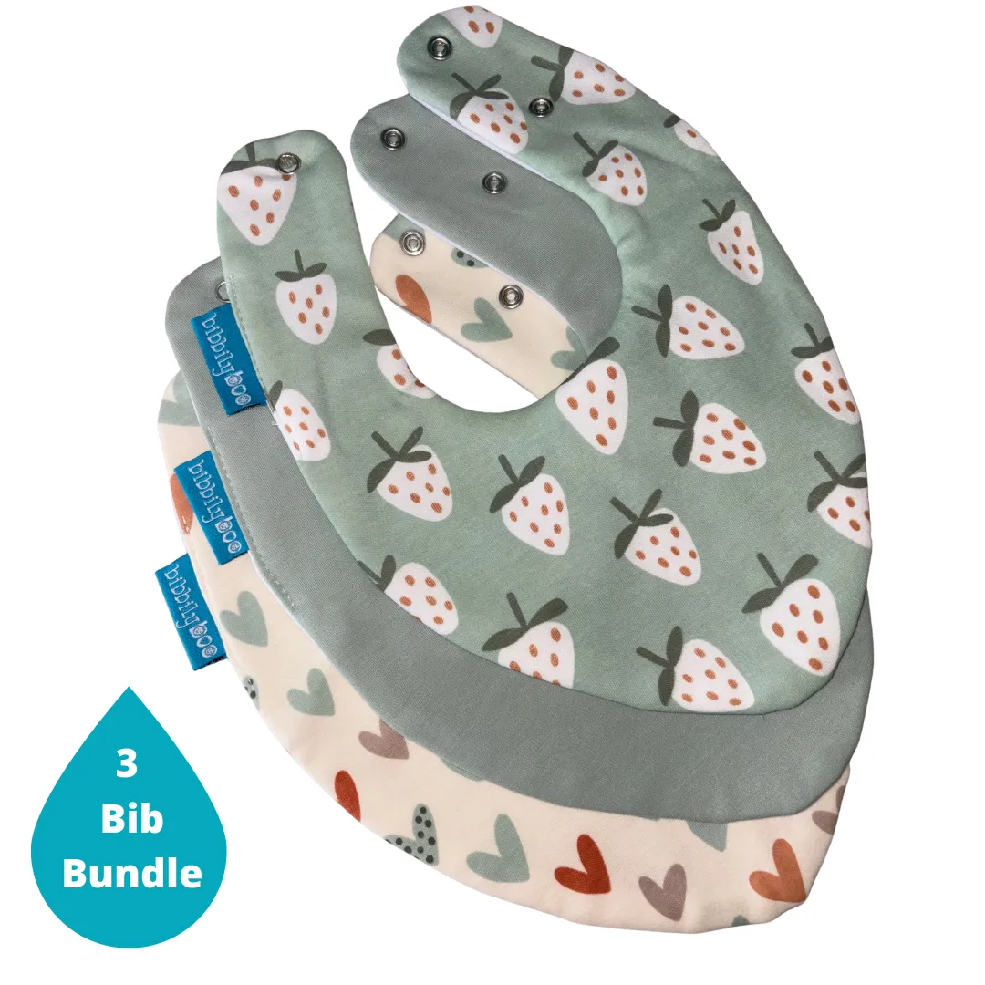 Strawberry & Hearts Bundle of 3 Waterproof Dribble Bibs