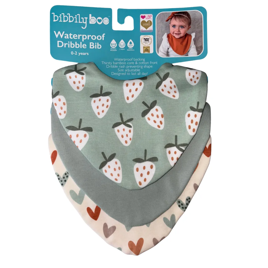 Strawberry & Hearts Bundle of 3 Waterproof Dribble Bibs