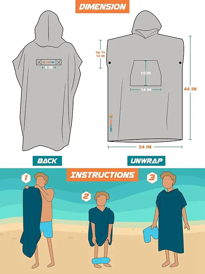 SUN CUBE Surf Poncho Changing Robe with Hood | Quick Dry Microfiber Wetsuit Changing Towel with Pocket for Surfing Men Women