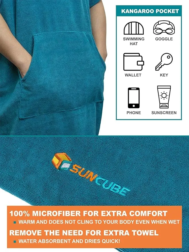 SUN CUBE Surf Poncho Changing Robe with Hood | Quick Dry Microfiber Wetsuit Changing Towel with Pocket for Surfing Men Women