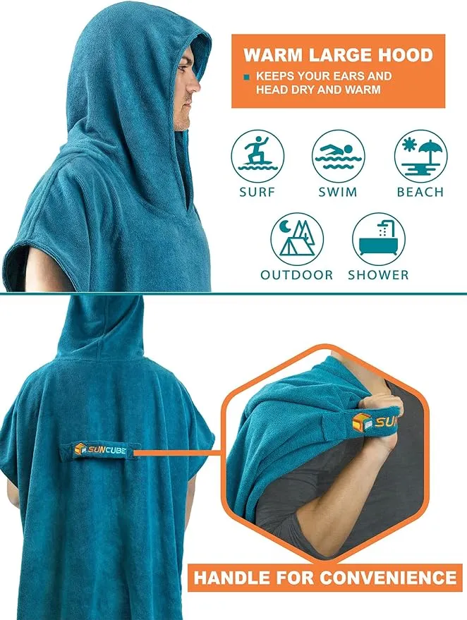SUN CUBE Surf Poncho Changing Robe with Hood | Quick Dry Microfiber Wetsuit Changing Towel with Pocket for Surfing Men Women