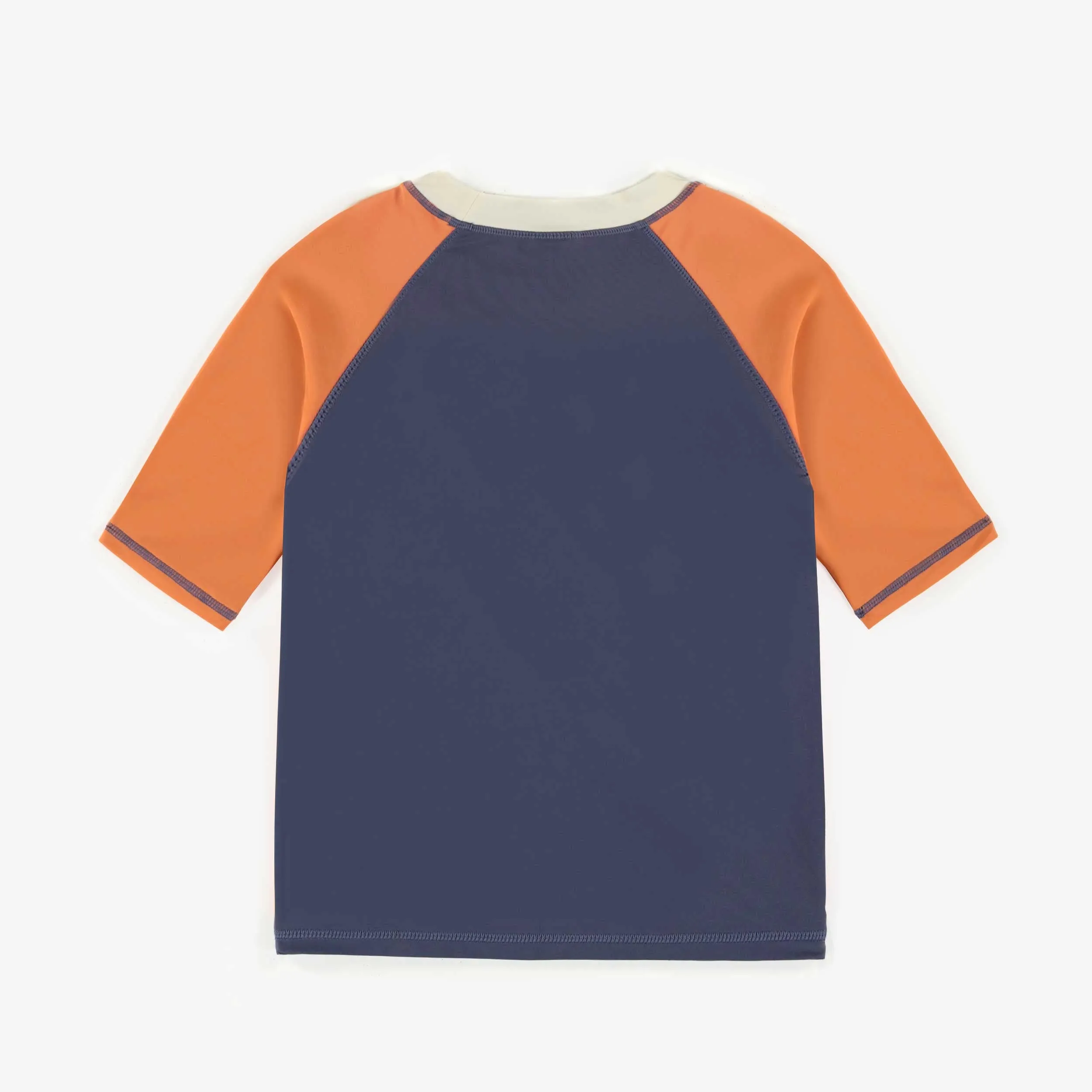 T-shirt de bain bleu avec manches orange aux coudes, enfant || Blue bathing t-shirt with orange elbow sleeves, child