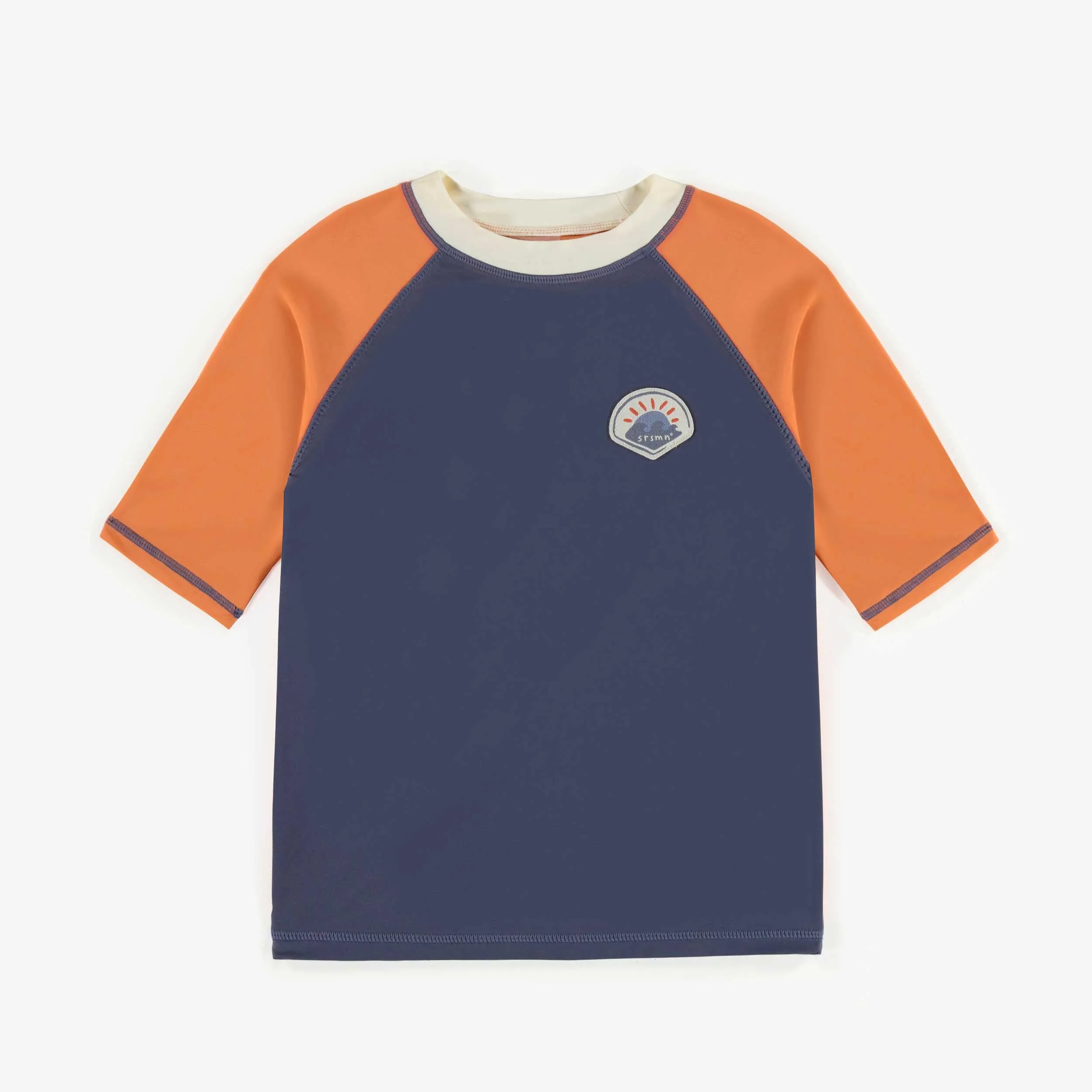 T-shirt de bain bleu avec manches orange aux coudes, enfant || Blue bathing t-shirt with orange elbow sleeves, child