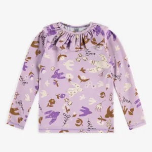 T-shirt de bain mauve à manches longues à motifs d’oiseaux, enfant || Purple bathing t-shirt with long sleeves and birds pattern, child
