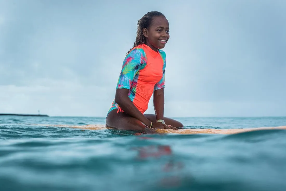 tee shirt anti uv surf top 500 CORAIL fille
