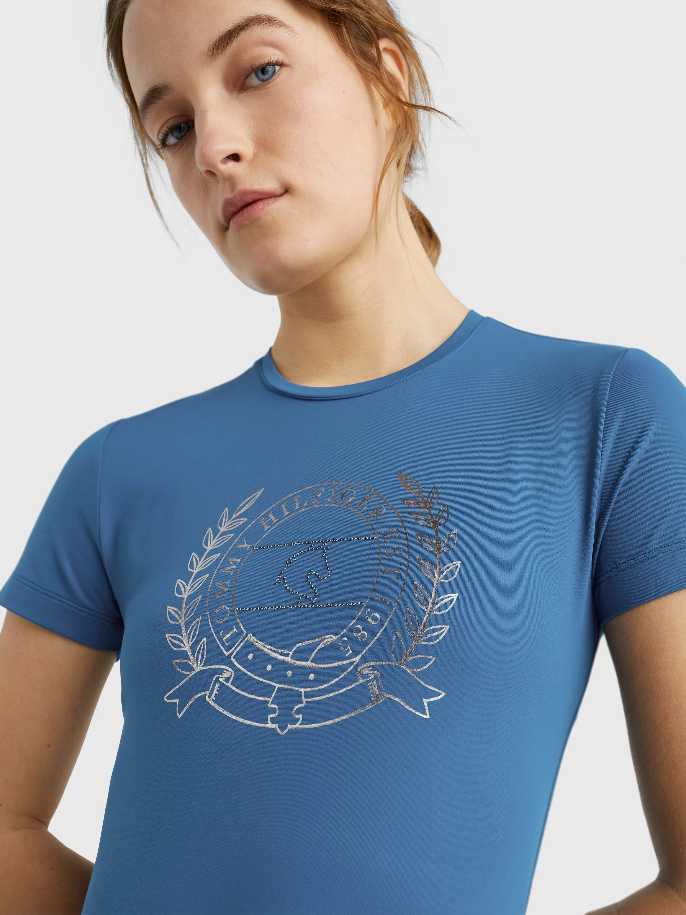 Tommy Hilfiger Crest Rhinestone performance t-shirt in blue coast