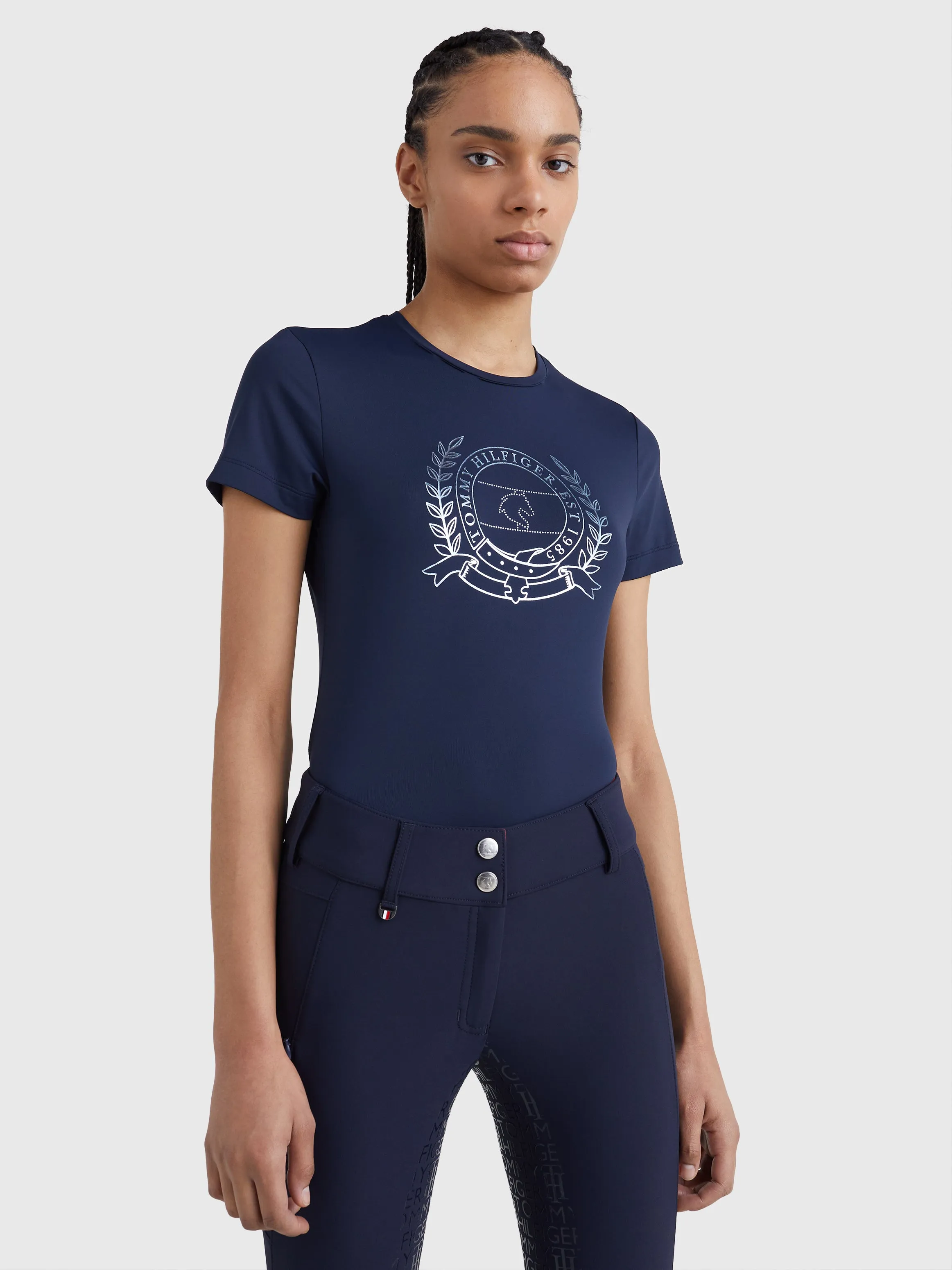 Tommy Hilfiger Crest Rhinestone performance t-shirt in Desert sky